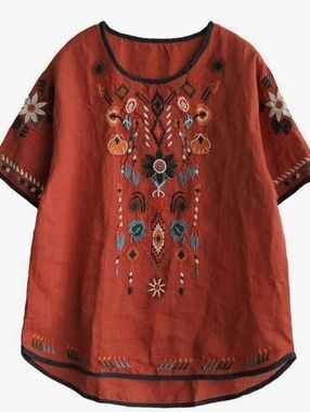 Rust Orange Embroidered Boho Tunic